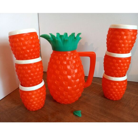 Vtg 7-Piece Minerware Pineapple Pitcher Set Blow Mold COMPLETE BUT WITH DAMAGE - Picture 1 of 8